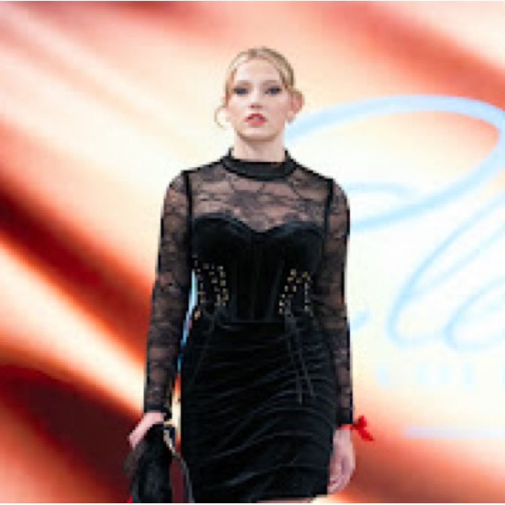 Black Stretch Corset Velvet Dress with Long Sleeves and Mock Neck